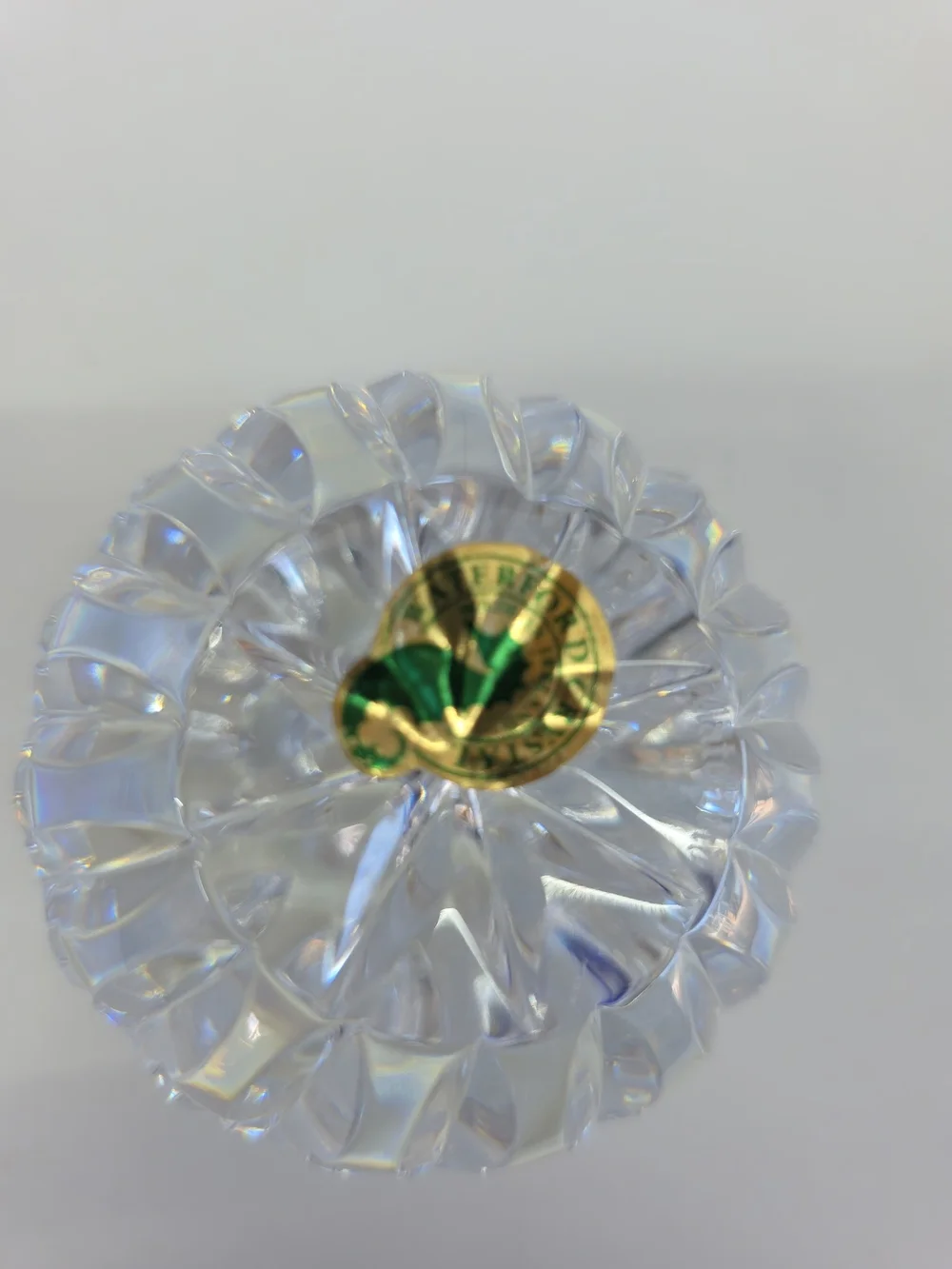 Waterford Crystal Clear Paperweight with Green and Gold Seal
